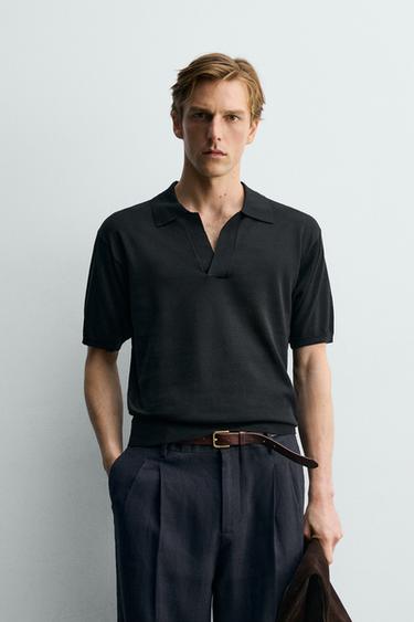 Zara 標準版針織 POLO 衫 - 黑色