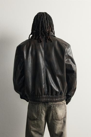 FAUX LEATHER RELAXED FIT JACKET — Brown 3