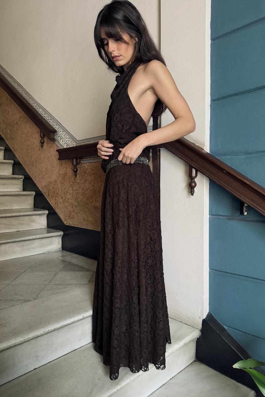 SPARKLY LACE HALTER DRESS - Chocolate | ZARA United States SPARKLY LACE HALTER DRESS - Chocolate | ZARA United States