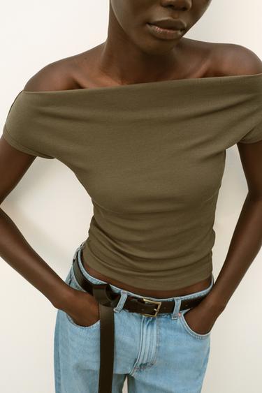 Zara BOAT NECK T-SHIRT - Khaki