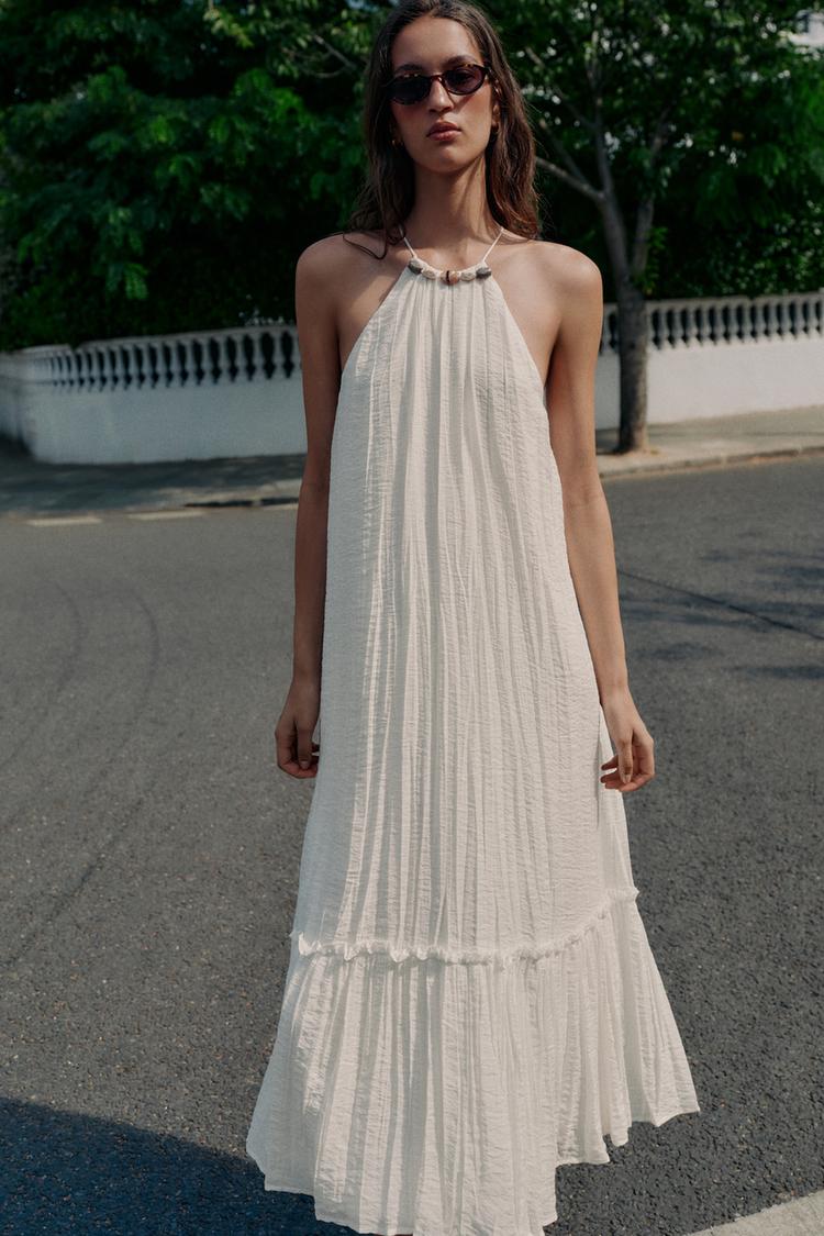 Vestido midi fruncido con cuentas 2