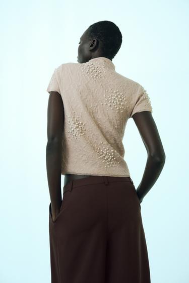 CRINKLE-EFFECT FAUX PEARL KNIT TOP - Beige-pink by Zara - Image 3