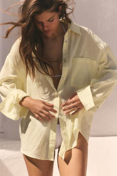 CHEMISE GAZE OVERSIZE À POCHE - Jaune clair de Zara - Image 1