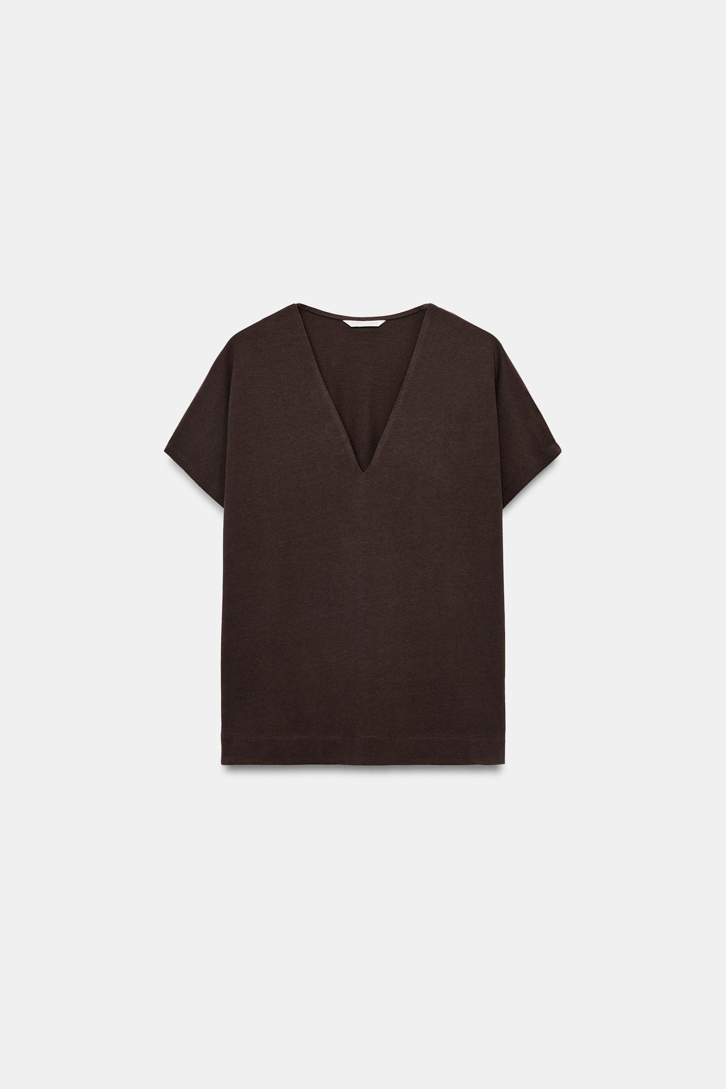 Женская футболка Zara V-NECK, цвет: Коричневый — фото 5