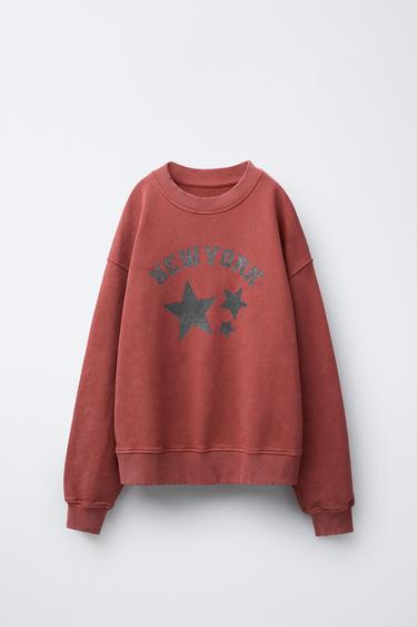 ユーズド加工 星柄シャイニースウェットシャツレディッシュ0Zaraのユーズド加工 星柄シャイニースウェットシャツ - レディッシュ - 画像 0