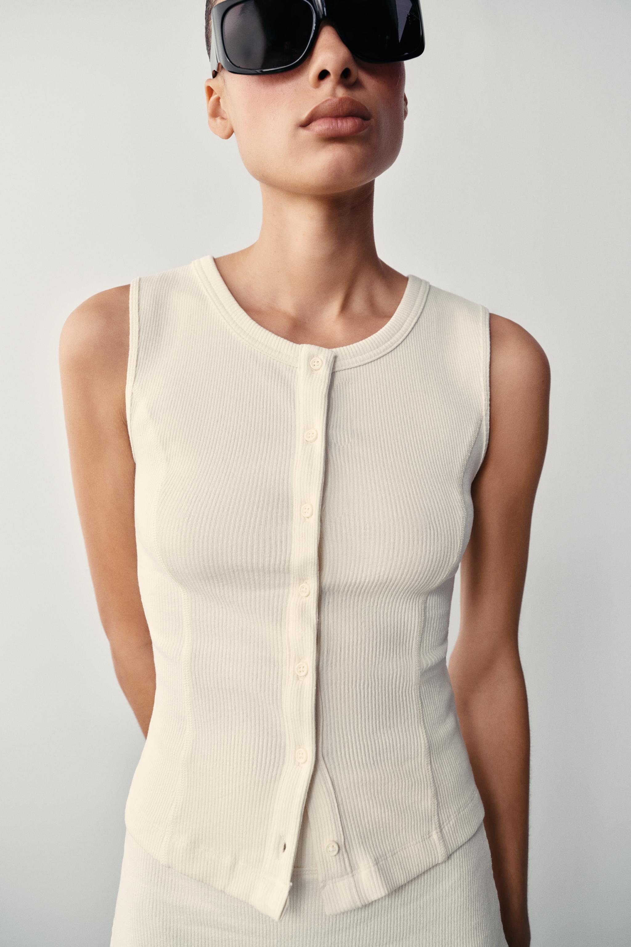 RIBBED BUTTON-UP VEST — Ecru