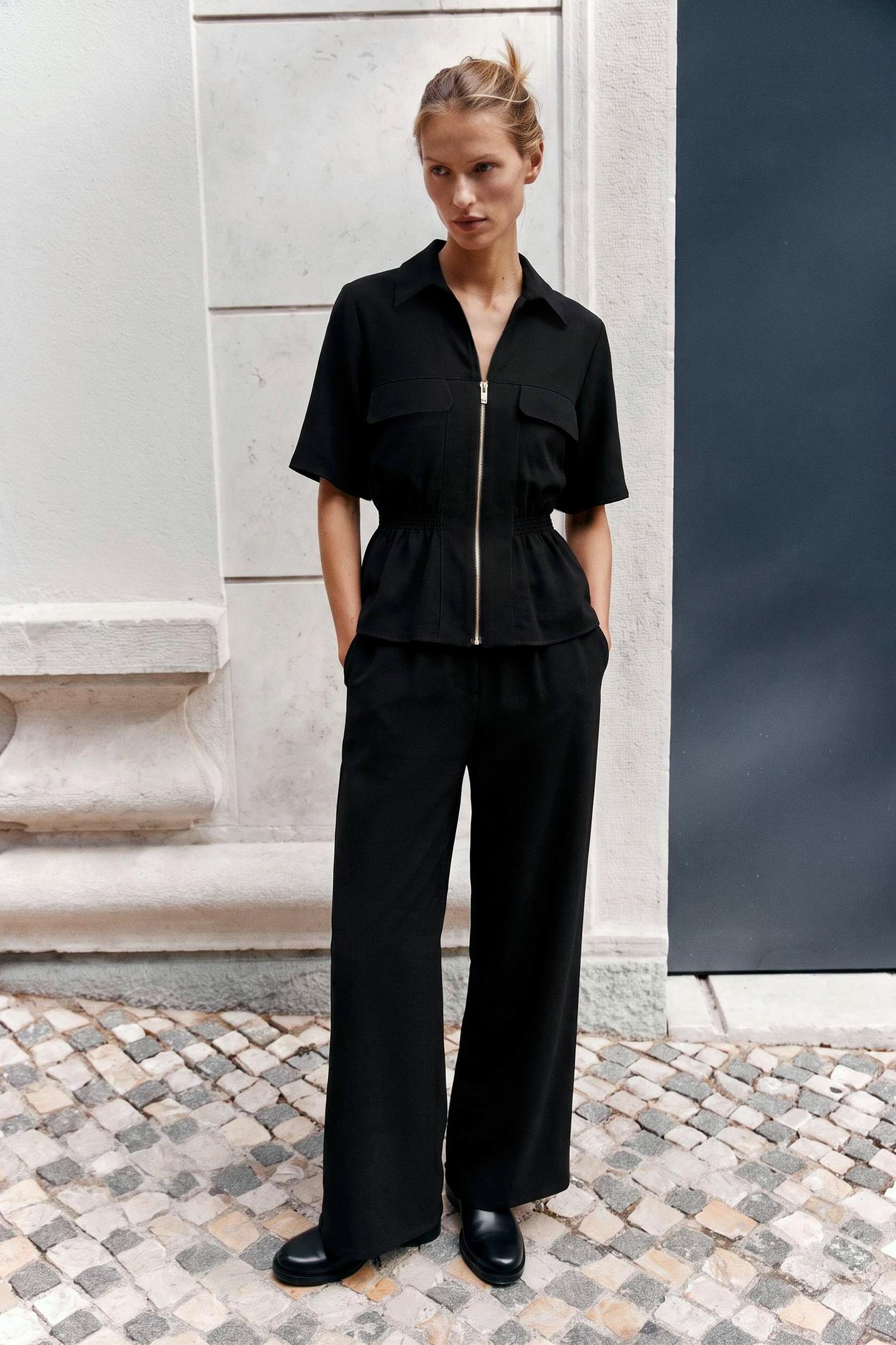 Женские брюки Zara Elastic Waist Wide-Leg, цвет: Чёрный — фото 1