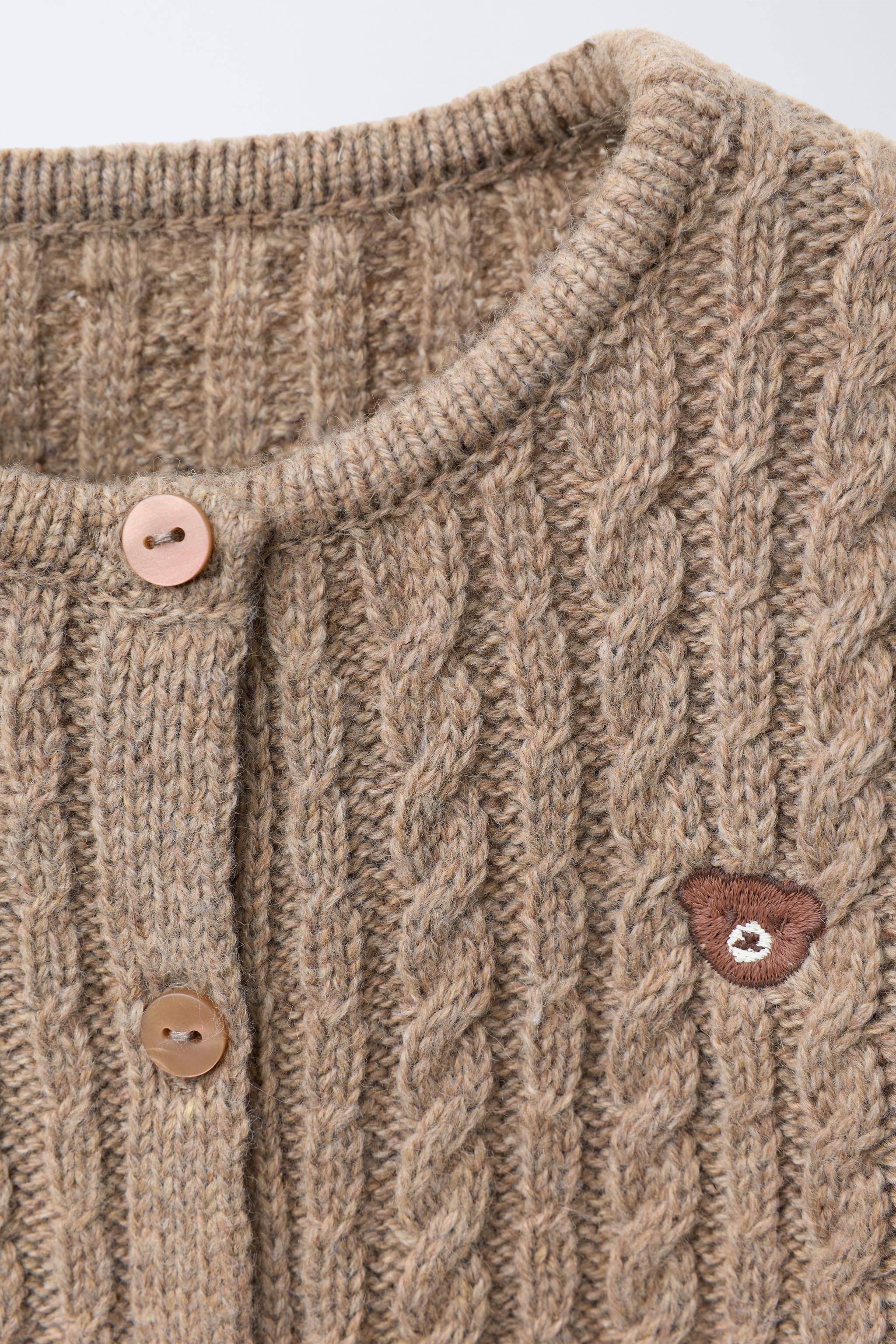 WOOL EMBROIDERED CABLE-KNIT CARDIGAN - taupe brown | ZARA