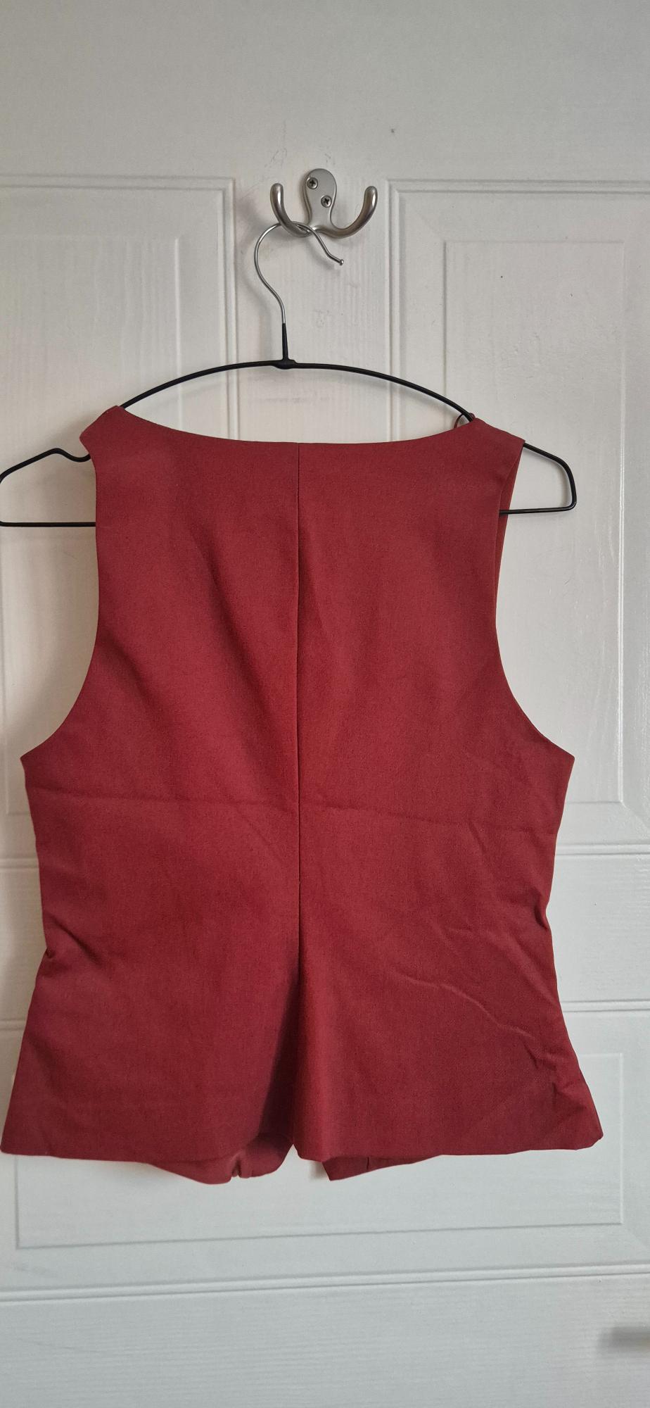 Rear view of a dark red sleeveless waistcoat, hanging on a wire hanger over a white panelled door.