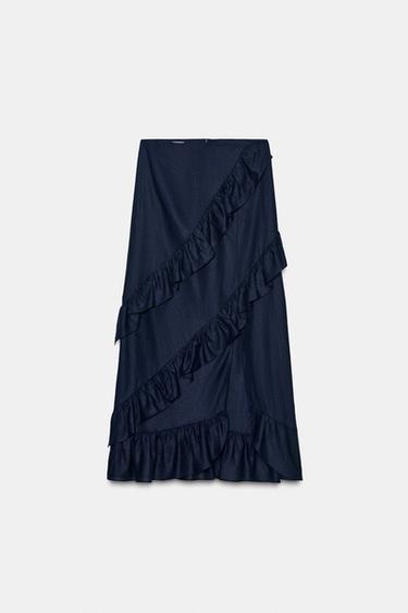 Zara RUFFLED LINEN BLEND MIDI SKIRT - Navy blue
