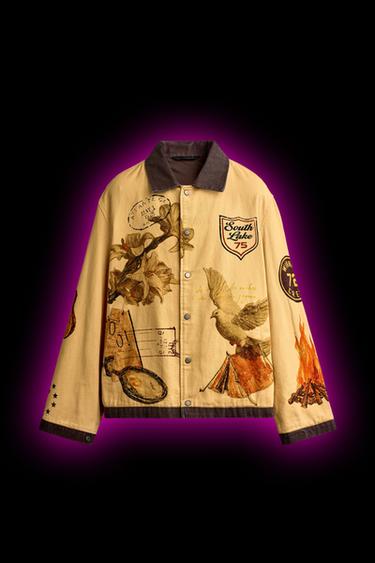 Zara 撞色印花寬鬆版外套 - 芥末色