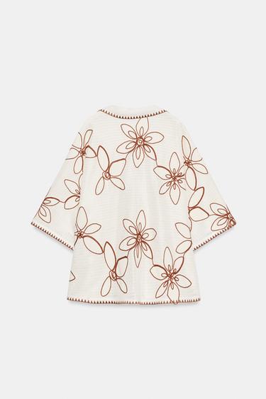 BLOUSE CAFTAN BRODÉE - Écru / Marron de Zara - Image 6