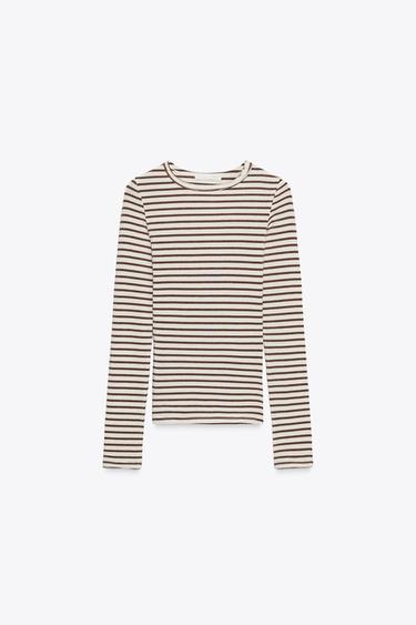 STRIPED LONG SLEEVE T-SHIRT - Ecru / Brown by Zara - Image 3