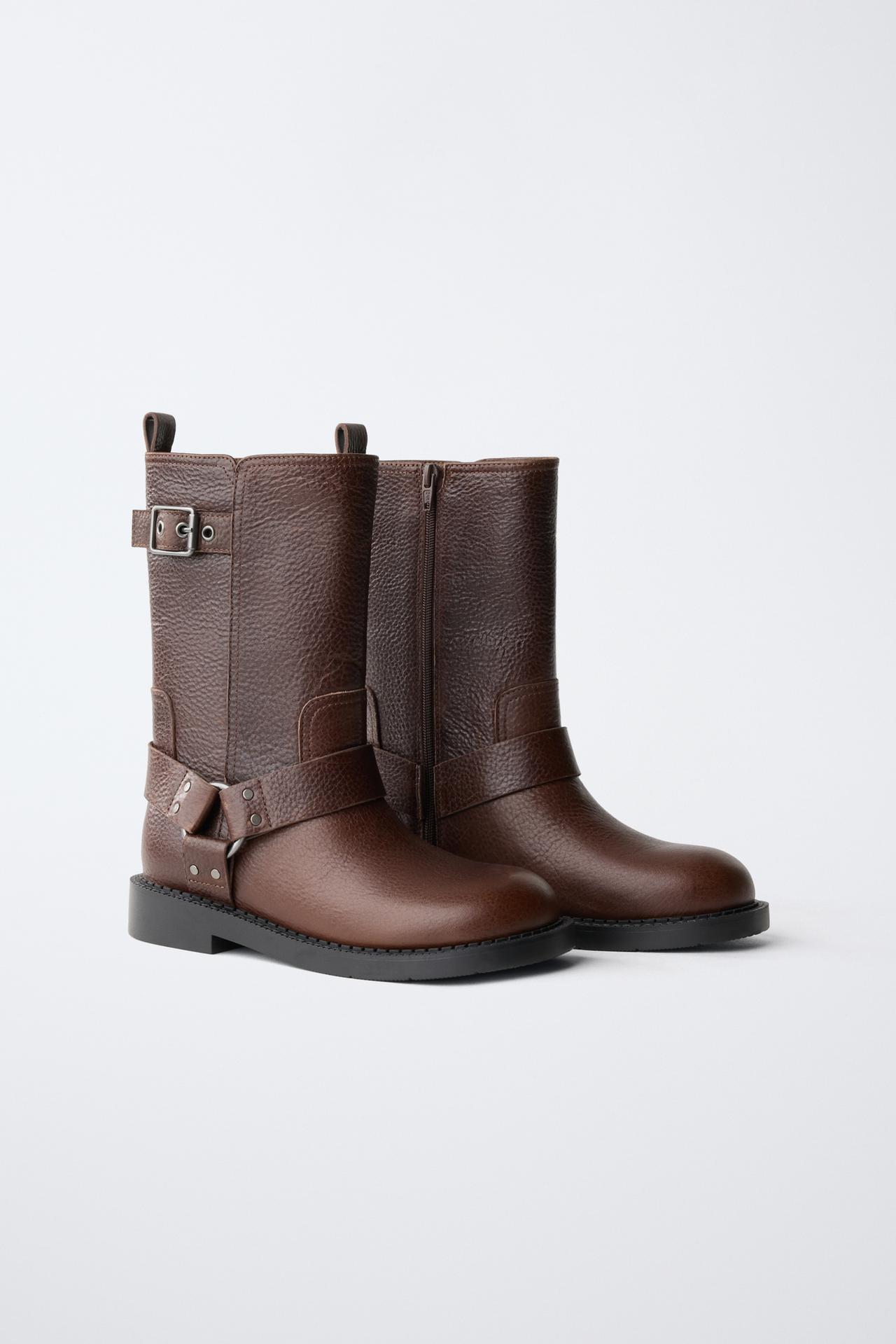 LEATHER BIKER BOOTS — Brown