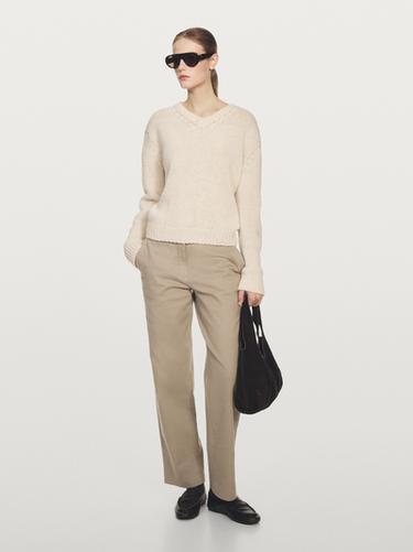 Pantalon straight en coton mélangé - Beige de Zara