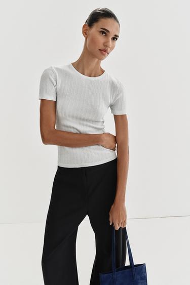 Zara METALLIC THREAD RIB KNIT TOP - Silver