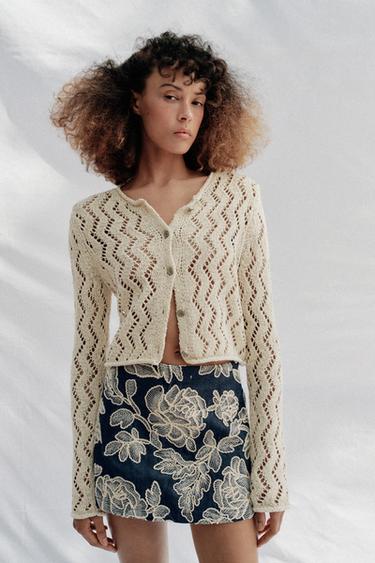 FALDA PANTALÓN BORDADOS - Crudo / Marino de Zara