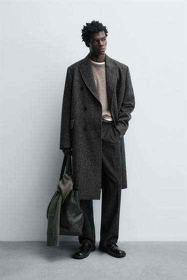 DOUBLE-BREASTED HERRINGBONE WOOL BLEND COAT - Brown marl by Zara