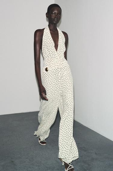 Zara POLKA DOT HALTER JUMPSUIT - Ecru / Brown