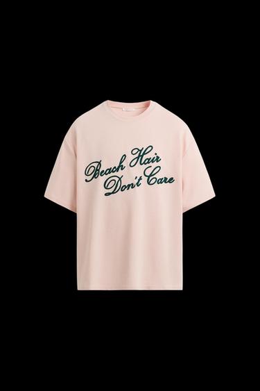 CAMISETA TEXTO BORDADO - Rosa palo de Zara - Imagen 0