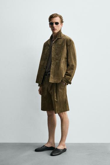 RELAXED FIT BERMUDY Z BRÚSENEJ KOŽE - Kaki zn. Zara