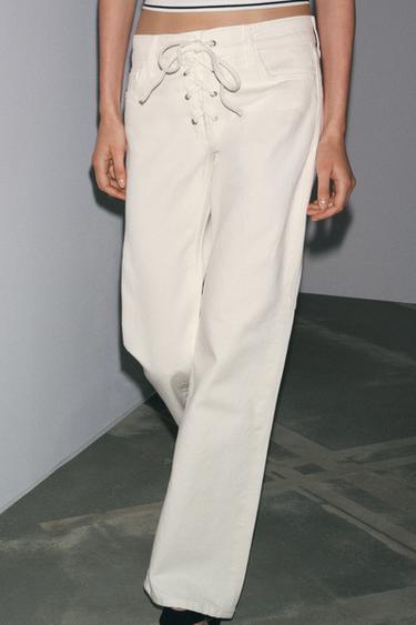 Zara ZW COLLECTION FLARE MID-RISE JEANS WITH TIES - White