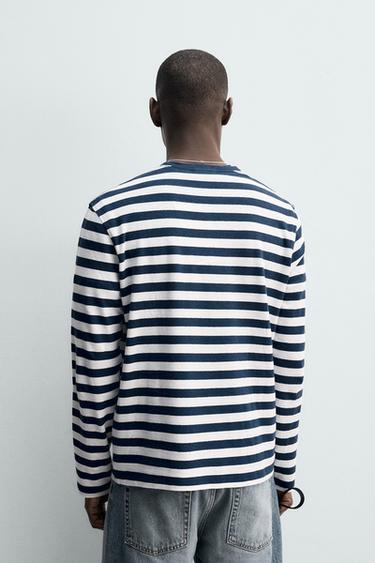 STRIPED LINEN - COTTON LONG SLEEVE T-SHIRT - Blue/White by Zara - Image 2