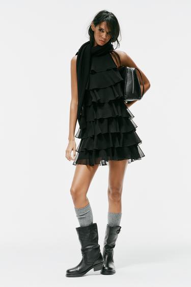 Zara RUFFLED HALTER MINI DRESS - Black