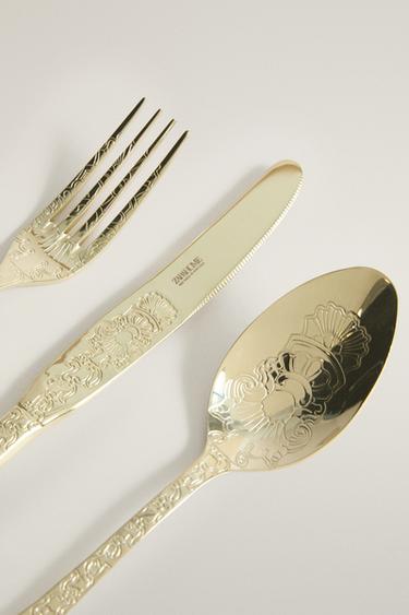 ENGRAVED STEEL FLATWARE SET (3-PIECE SET) — Soft gold 2