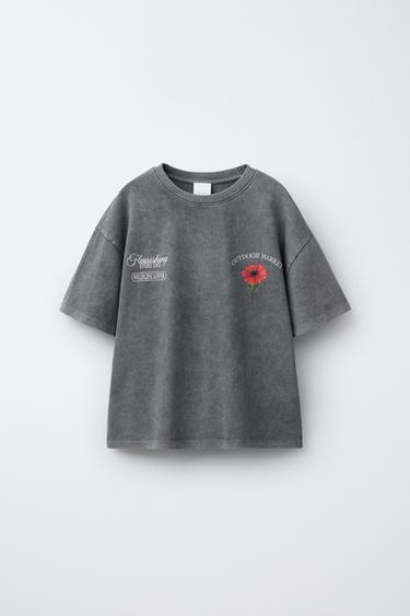 GARMENT DYE FADED-EFFECT FLORAL T-SHIRT - Anthracite grey by Zara
