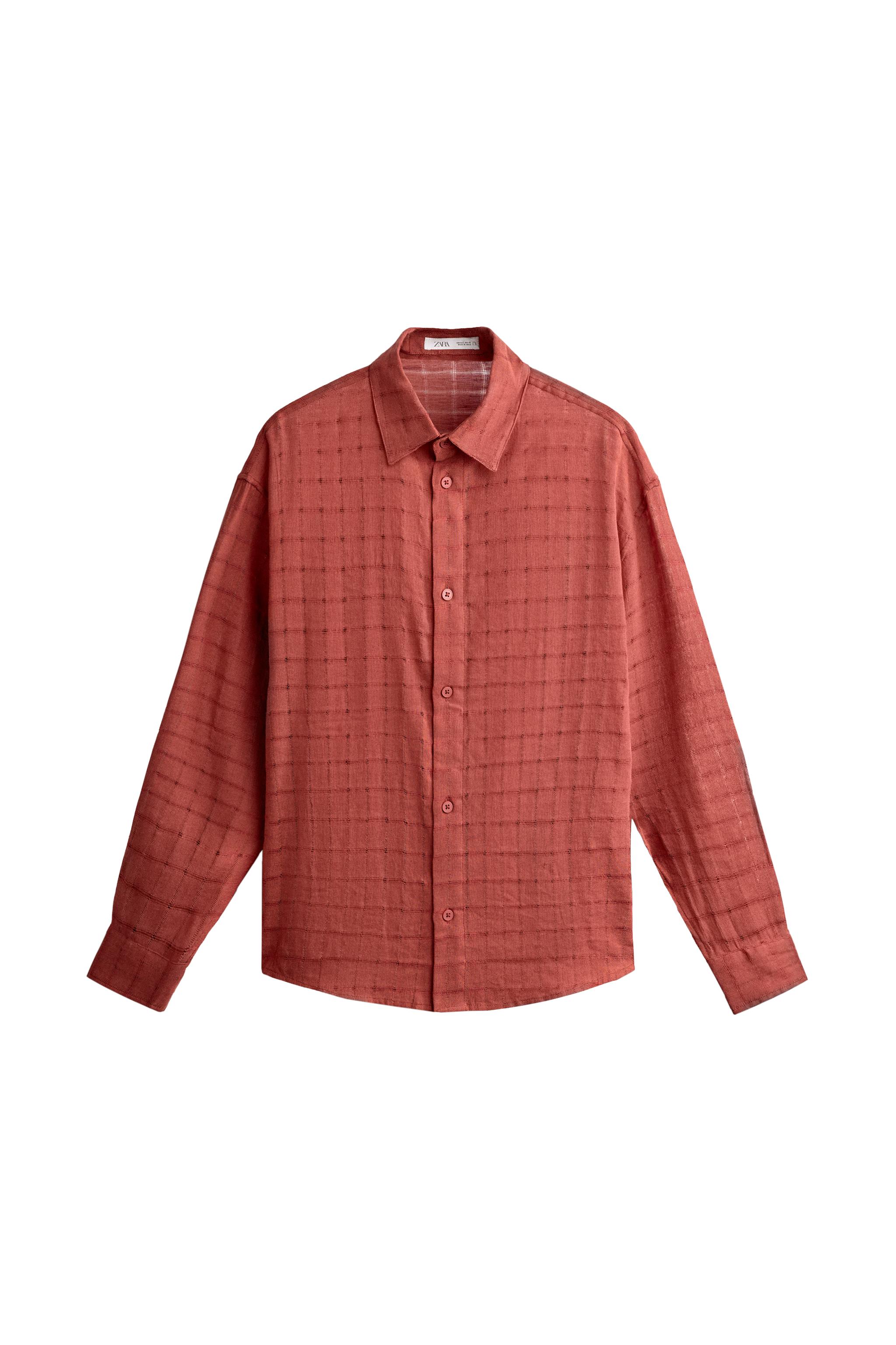 RELAXED FIT CHECKERED LINEN-COTTON JACQUARD SHIRT - Navy blue