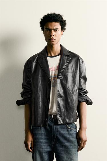CROPPED FIT LEATHER EFFECT JACKET - Black by Zara