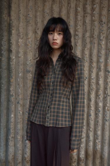 テーラードチェック柄シャツグレー/ゴールデンブラウンZaraのテーラードチェック柄シャツ - グレー/ゴールデンブラウン 