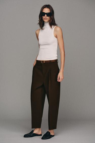 PANTALÓN TOBILLERO CINTURÓN - Marrón oscuro de Zara