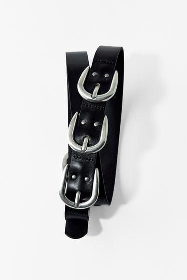 CINTURÓN PIEL MÚLTIPLES HEBILLAS - Negro de Zara