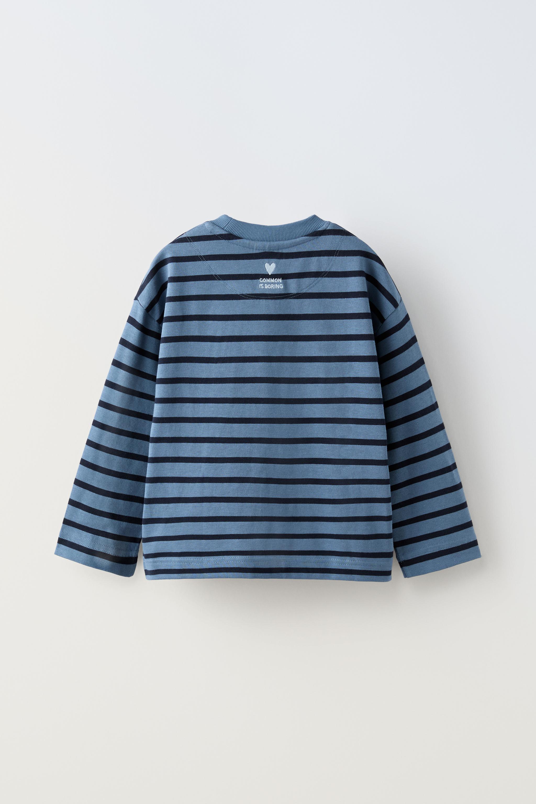 STRIPED EMBROIDERED T-SHIRT - Blue | ZARA Australia