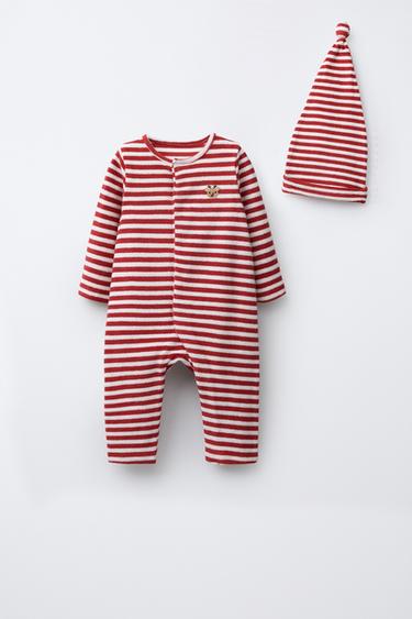 STRIPED TOWELLING JUMPSUIT AND POMPOM HAT - Dark red by Zara