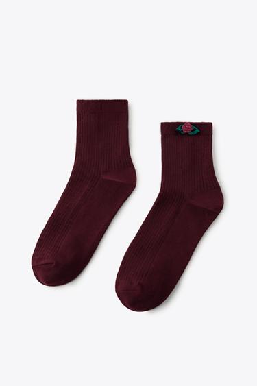 Zara FLOWER ANKLE SOCKS - Burgundy - Image 0