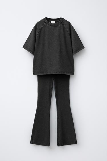 طقم تيشرت HEAVY WEIGHT ولجينغ FLARE RIB بمظهر مغسول - أسود الخاص بـ Zara