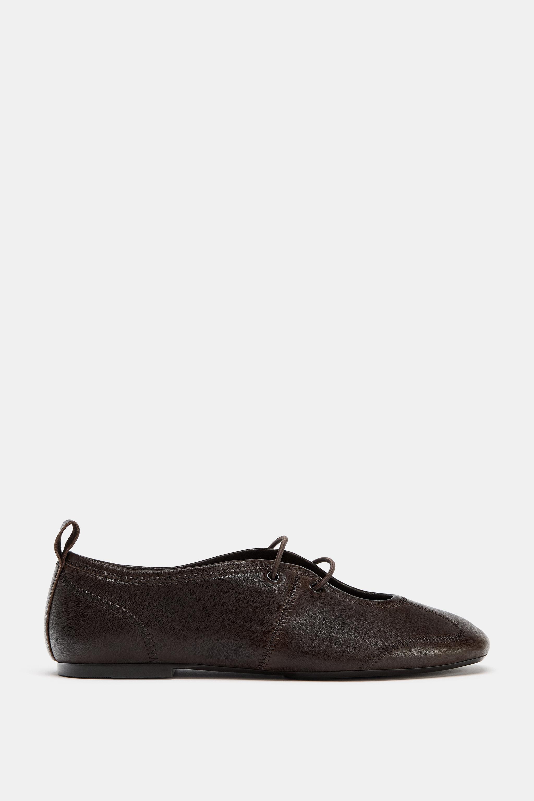 レースアップレザーバレリーナシューズ - ブラウン | ZARA Japan / 日本