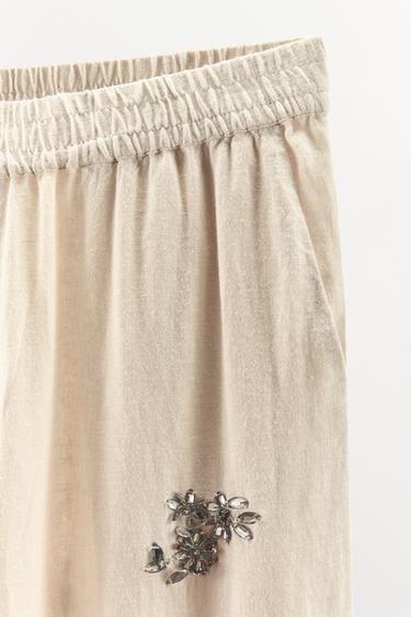 PANTALON AVEC LIN ET BIJOUX - Blanc cassé de Zara - Image 6