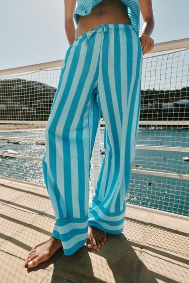 STRIPED WIDE-LEG TROUSERS - Turquoise by Zara