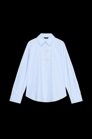 POPLIN SHIRT WITH PEARLS - Light blue by Zara - Image 0