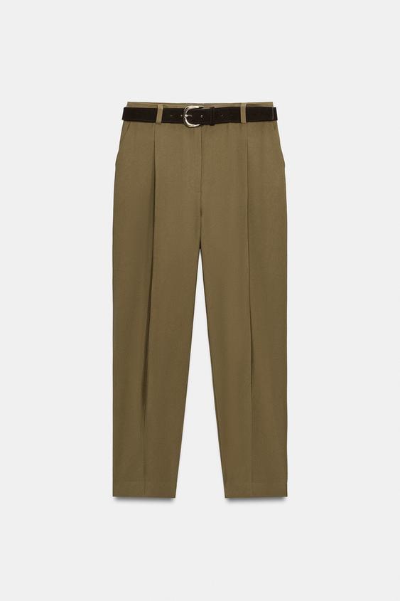 PANTALÓN PINZAS CINTURÓN - Verde medio de Zara - Imagen 0