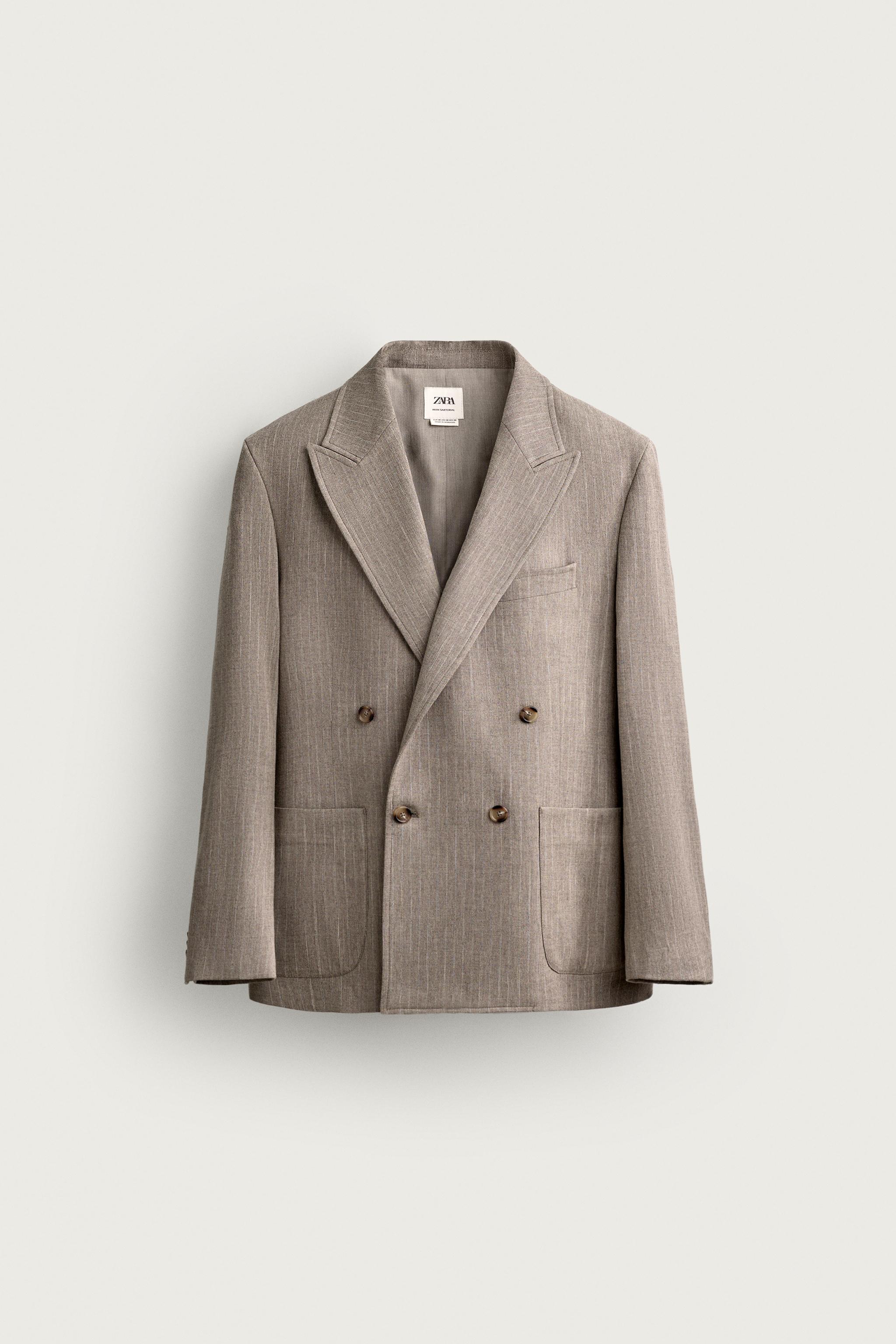 REGULAR FIT DOUBLE-BREASTED PINSTRIPE BLAZER — taupe brown