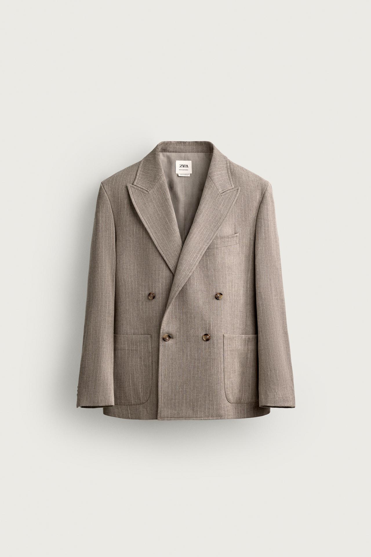 PINSTRIPE DOUBLE-BREASTED REGULAR FIT BLAZER — taupe brown