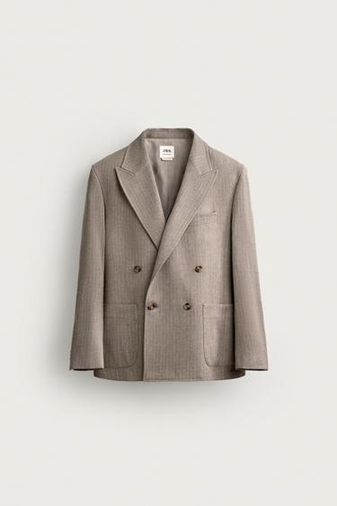Zara REGULAR FIT DOUBLE-BREASTED PINSTRIPE BLAZER - taupe brown