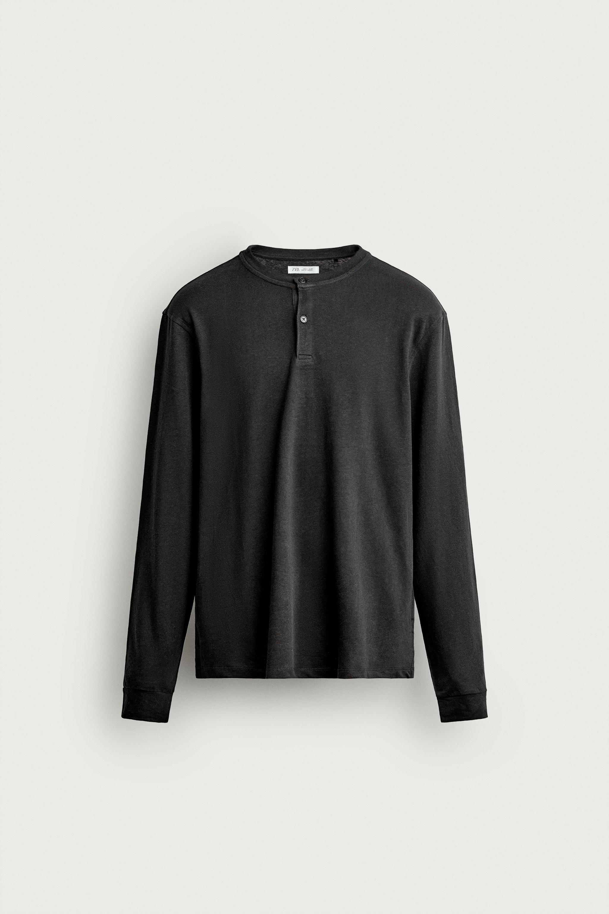 LINEN-COTTON HENLEY T-SHIRT — Dark anthracite