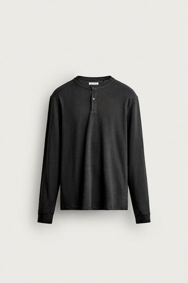 Zara LINEN-COTTON HENLEY T-SHIRT - Dark anthracite