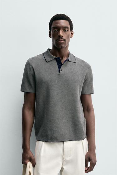 REGULAR FIT KNIT POLO SHIRT WITH CONTRAST - Ecru / Blue by Zara